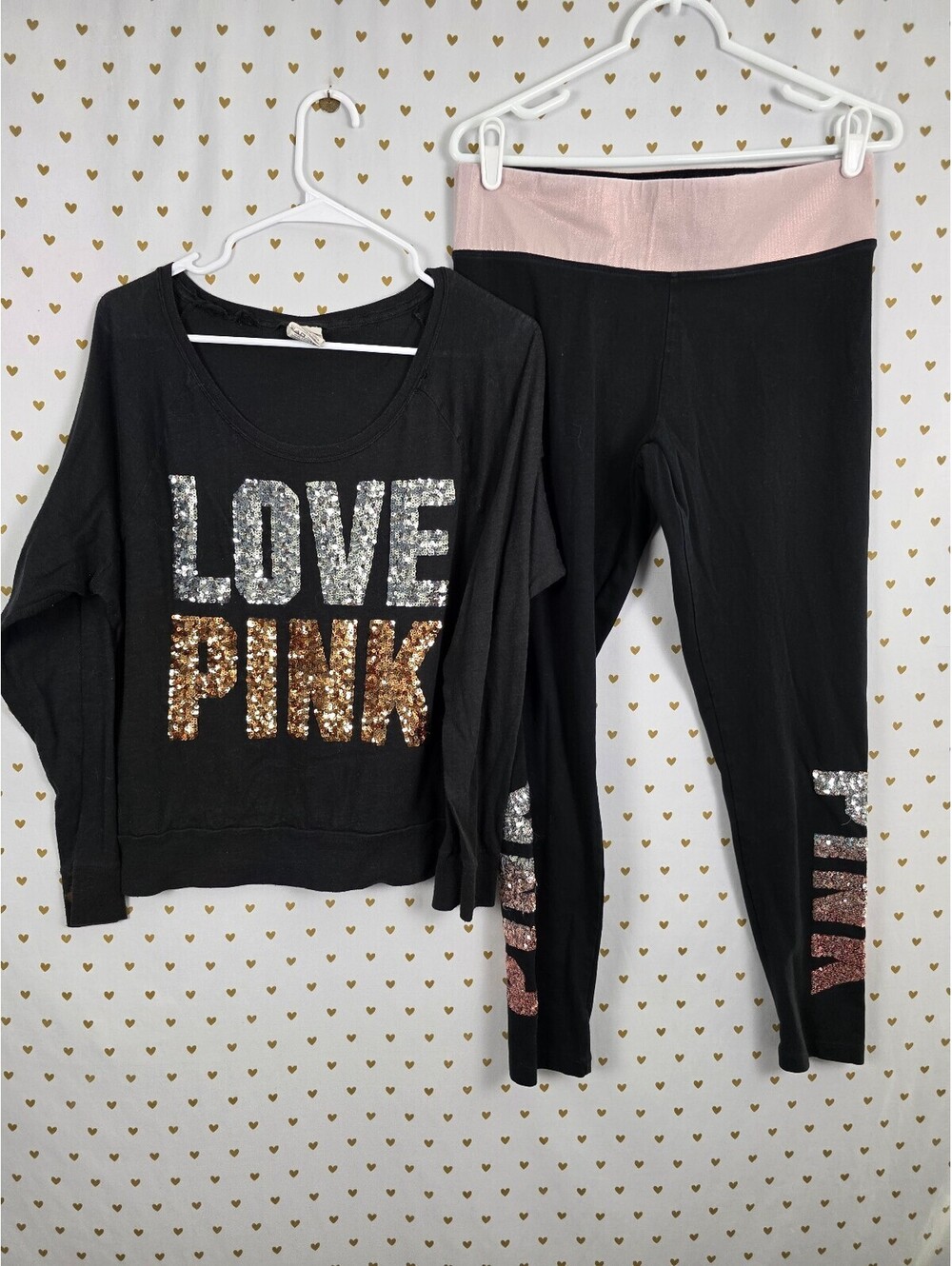 Victorias Secret PINK Bling Logo Slouchy Tee Shirt Sequined Yoga Pants SET Large